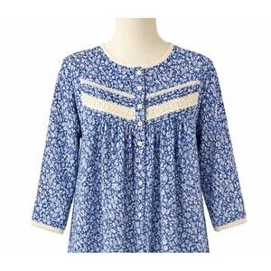 Eileen West Cotton Nightgown Blue Floral Lace Trim Cottagecore Women Small